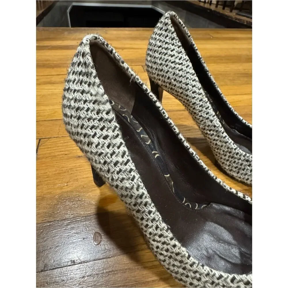 Tory Burch Cleo Tweed and Silk Patterned Bow Woven Pointed-Toe High Heels